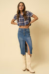 Front Slit Denim Midi Skirt-Front Slit Denim Midi Skirt – Classic Meets Modern The Front Slit Denim Midi Skirt is a timeless staple with a modern twist. In a medium wash stretch denim.-Reef Love