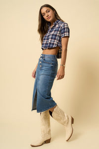 Front Slit Denim Midi Skirt-Front Slit Denim Midi Skirt – Classic Meets Modern The Front Slit Denim Midi Skirt is a timeless staple with a modern twist. In a medium wash stretch denim.-Reef Love