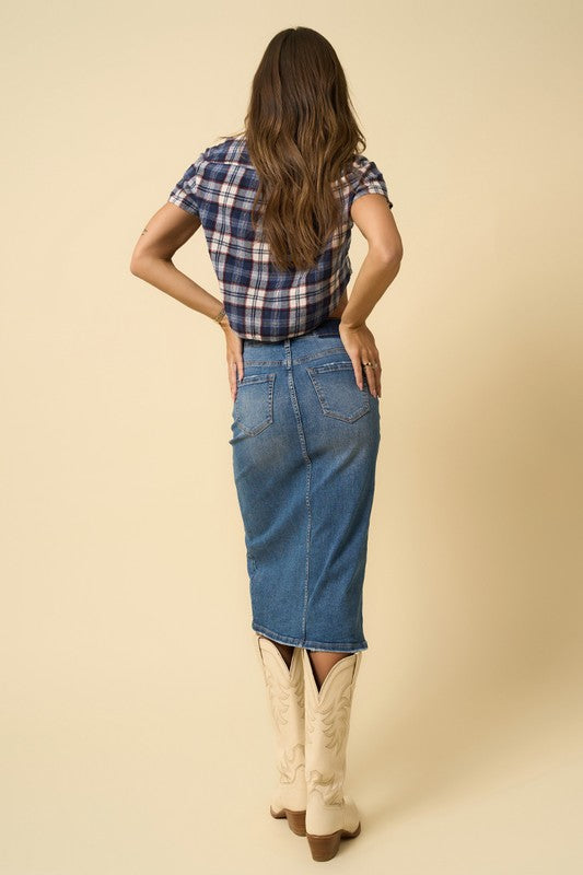 Front Slit Denim Midi Skirt-Front Slit Denim Midi Skirt – Classic Meets Modern The Front Slit Denim Midi Skirt is a timeless staple with a modern twist. In a medium wash stretch denim.-Reef Love