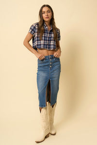 Front Slit Denim Midi Skirt-Front Slit Denim Midi Skirt – Classic Meets Modern The Front Slit Denim Midi Skirt is a timeless staple with a modern twist. In a medium wash stretch denim.-Reef Love