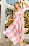 Front Tied Puff Sleeve Pink Checkered Dress-Flirty and fresh, this front-tied pink checkered dress features puff sleeves and a cut-out detail. A breezy favorite for summer days and weekend fun.-Reef Love