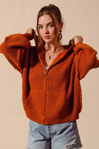 Front Zip Up Hooded Textured Cardigan, Rust