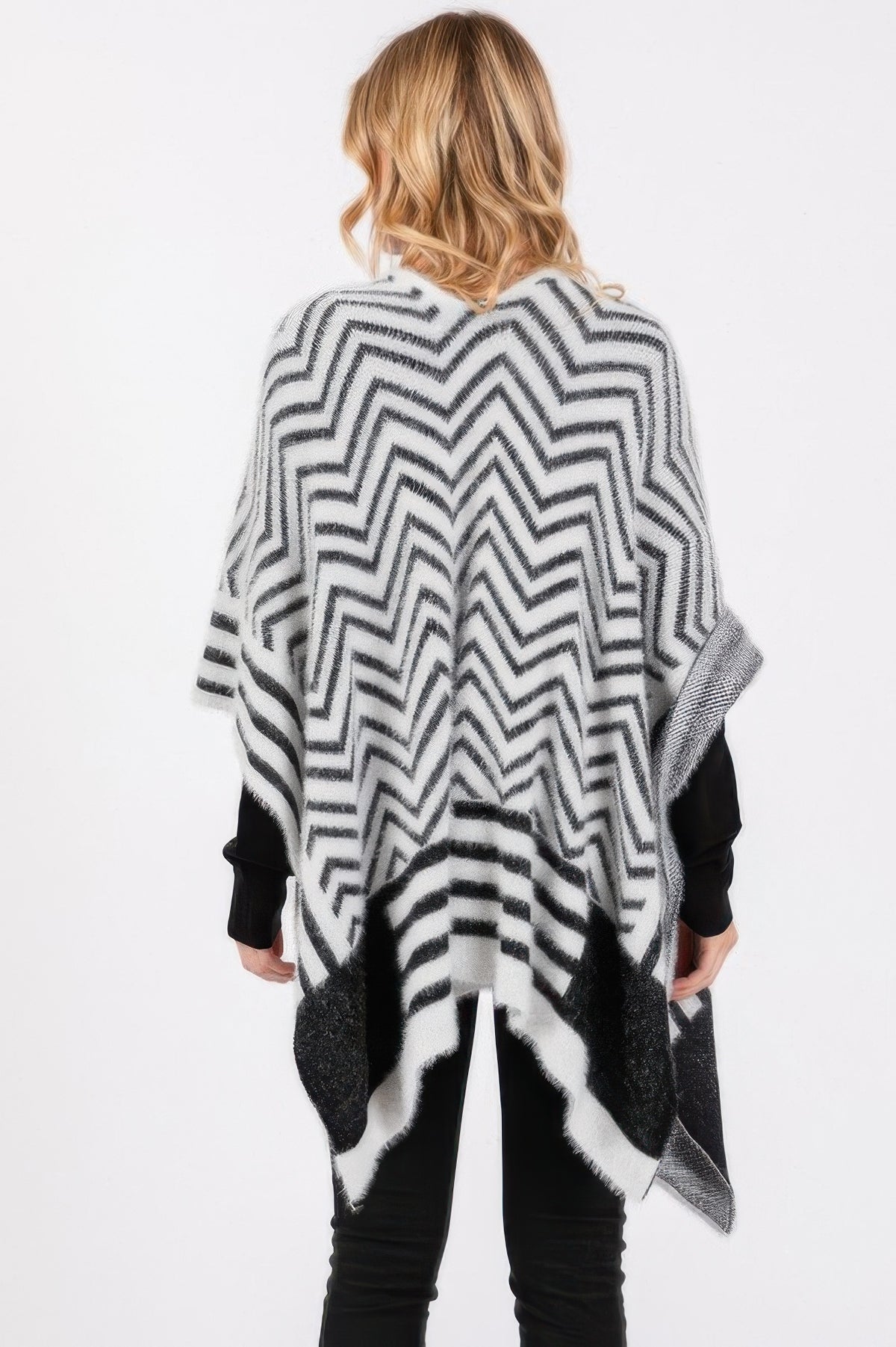 Fuzzy Chevron Pattern Ruana-Fuzzy Chevron Pattern Ruana with oversized open-front fit. Soft midweight knit with bold chevron design for cozy, chic layering in cooler weather.-Reef Love