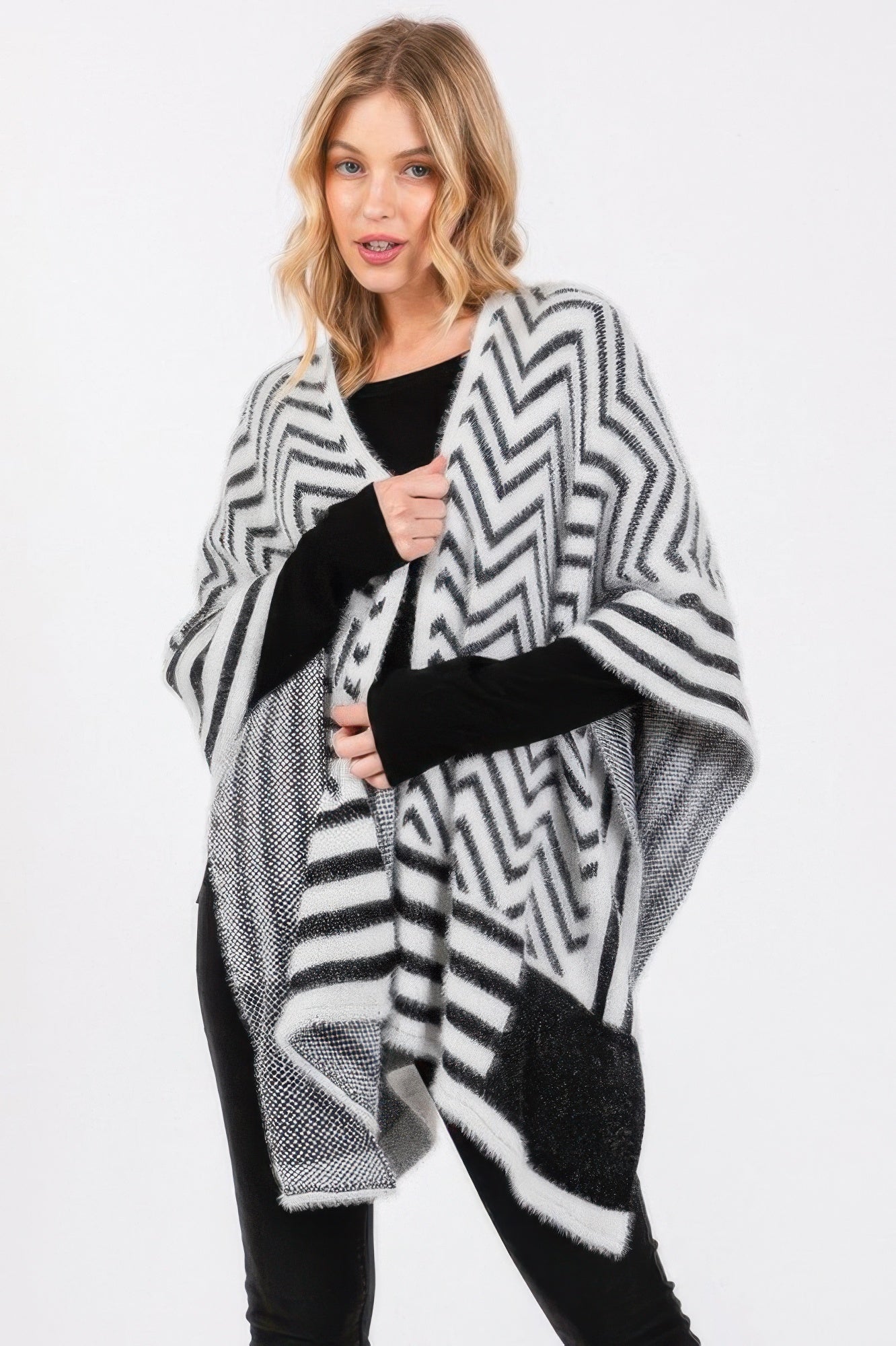Fuzzy Chevron Pattern Ruana-Fuzzy Chevron Pattern Ruana with oversized open-front fit. Soft midweight knit with bold chevron design for cozy, chic layering in cooler weather.-Reef Love
