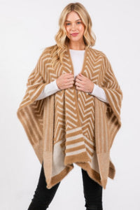 Fuzzy Chevron Pattern Ruana-Fuzzy Chevron Pattern Ruana with oversized open-front fit. Soft midweight knit with bold chevron design for cozy, chic layering in cooler weather.-Reef Love
