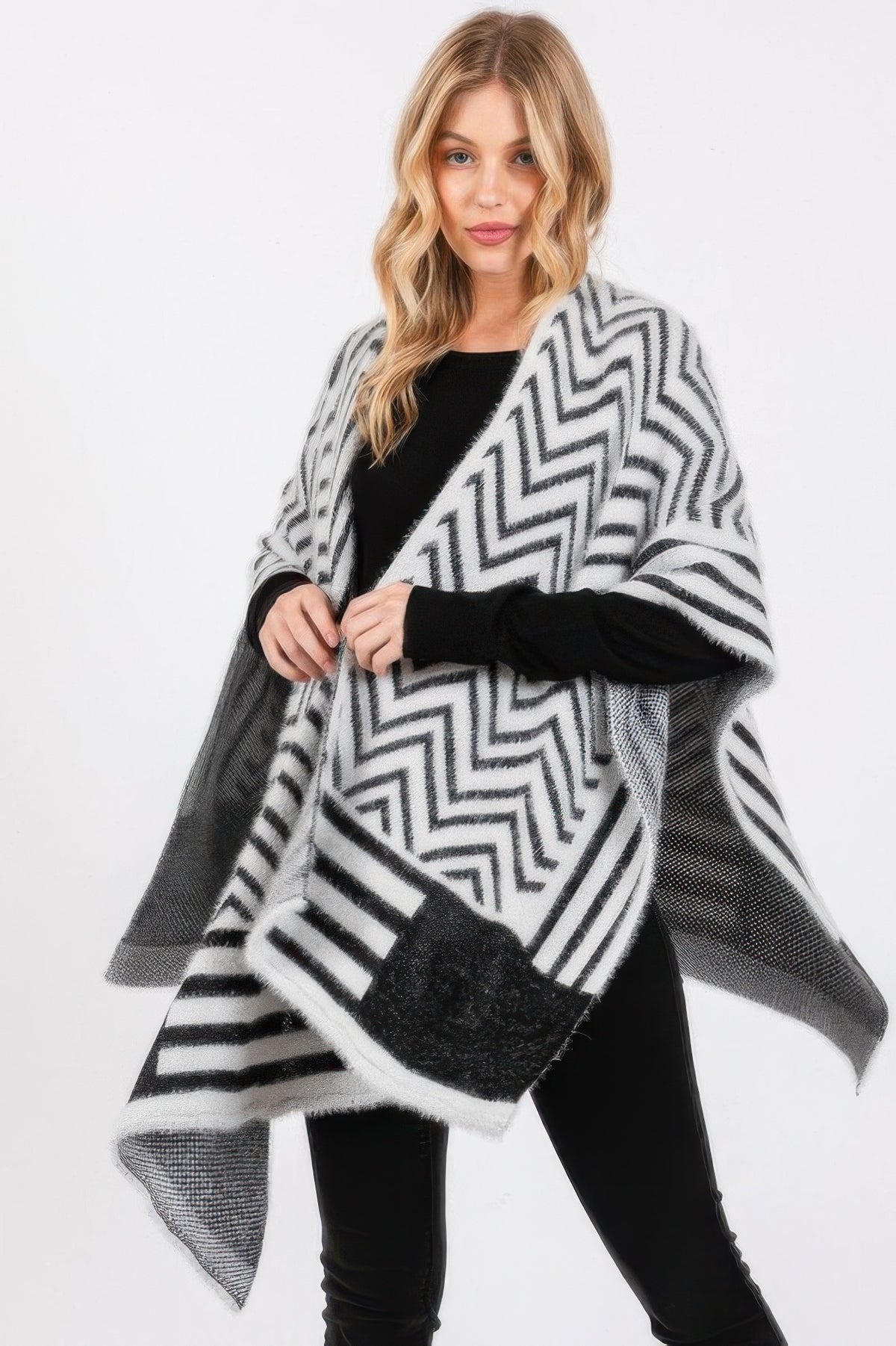 Fuzzy Chevron Pattern Ruana-Fuzzy Chevron Pattern Ruana with oversized open-front fit. Soft midweight knit with bold chevron design for cozy, chic layering in cooler weather.-Reef Love