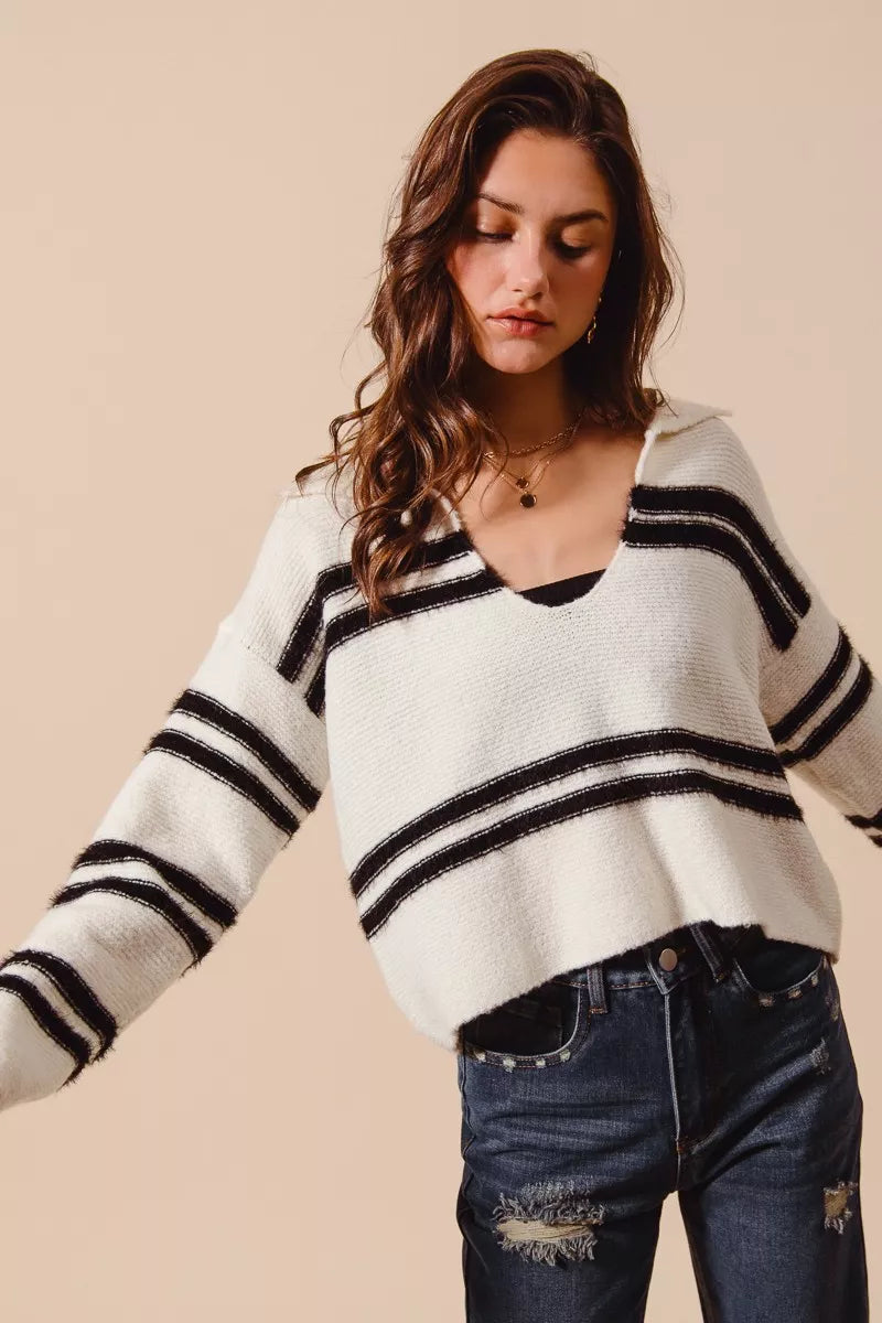 Fuzzy Hairy Stripe Deep U Neck Sweater-Stay cozy and chic in this fuzzy, hairy stripe deep U-neck sweater top. The unique texture of the fabric adds a fun and trendy flair to the classic silhouette. 
