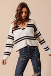 Fuzzy Hairy Stripe Deep U Neck Sweater-Stay cozy and chic in this fuzzy, hairy stripe deep U-neck sweater top. The unique texture of the fabric adds a fun and trendy flair to the classic silhouette. 