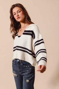 Fuzzy Hairy Stripe Deep U Neck Sweater-Stay cozy and chic in this fuzzy, hairy stripe deep U-neck sweater top. The unique texture of the fabric adds a fun and trendy flair to the classic silhouette. 