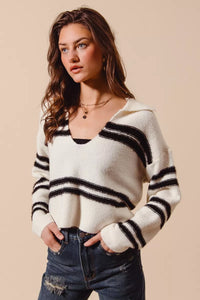 Fuzzy Hairy Stripe Deep U Neck Sweater-Stay cozy and chic in this fuzzy, hairy stripe deep U-neck sweater top. The unique texture of the fabric adds a fun and trendy flair to the classic silhouette. 