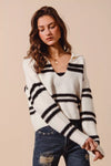 Fuzzy Hairy Stripe Deep U Neck Sweater-Stay cozy and chic in this fuzzy, hairy stripe deep U-neck sweater top. The unique texture of the fabric adds a fun and trendy flair to the classic silhouette. 