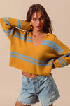 Fuzzy Stripe Deep U Neck Swetaer-Fuzzy hairy stripe deep U-neck sweater. Oversized knit with soft textured stripes and playful neckline—cozy statement piece for chic casual outfits.-Reef Love
