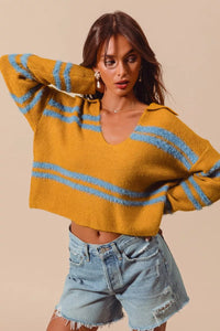 Fuzzy Stripe Deep U Neck Swetaer-Fuzzy hairy stripe deep U-neck sweater. Oversized knit with soft textured stripes and playful neckline—cozy statement piece for chic casual outfits.-Reef Love