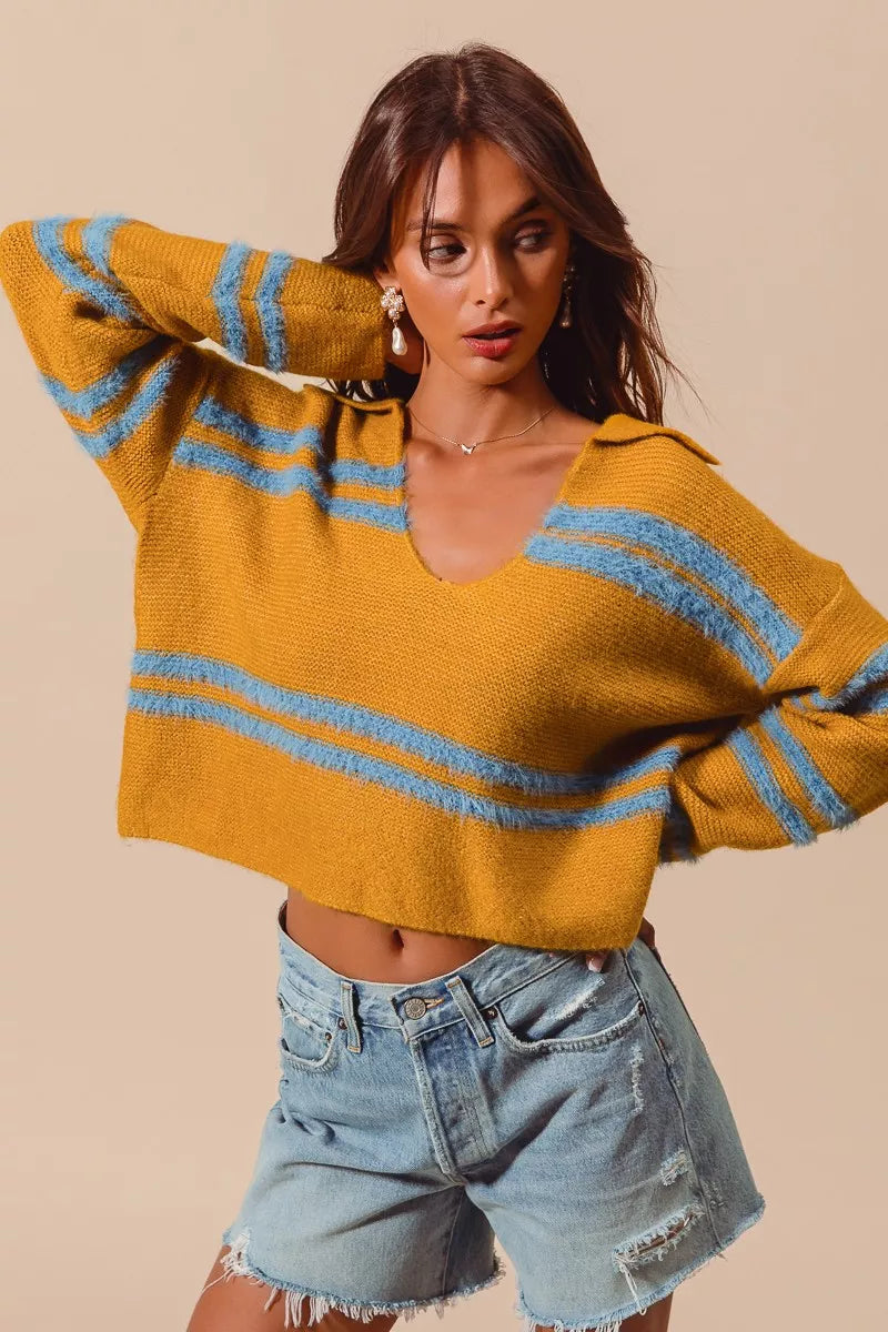 Fuzzy Stripe Deep U Neck Swetaer-Fuzzy hairy stripe deep U-neck sweater. Oversized knit with soft textured stripes and playful neckline—cozy statement piece for chic casual outfits.-Reef Love