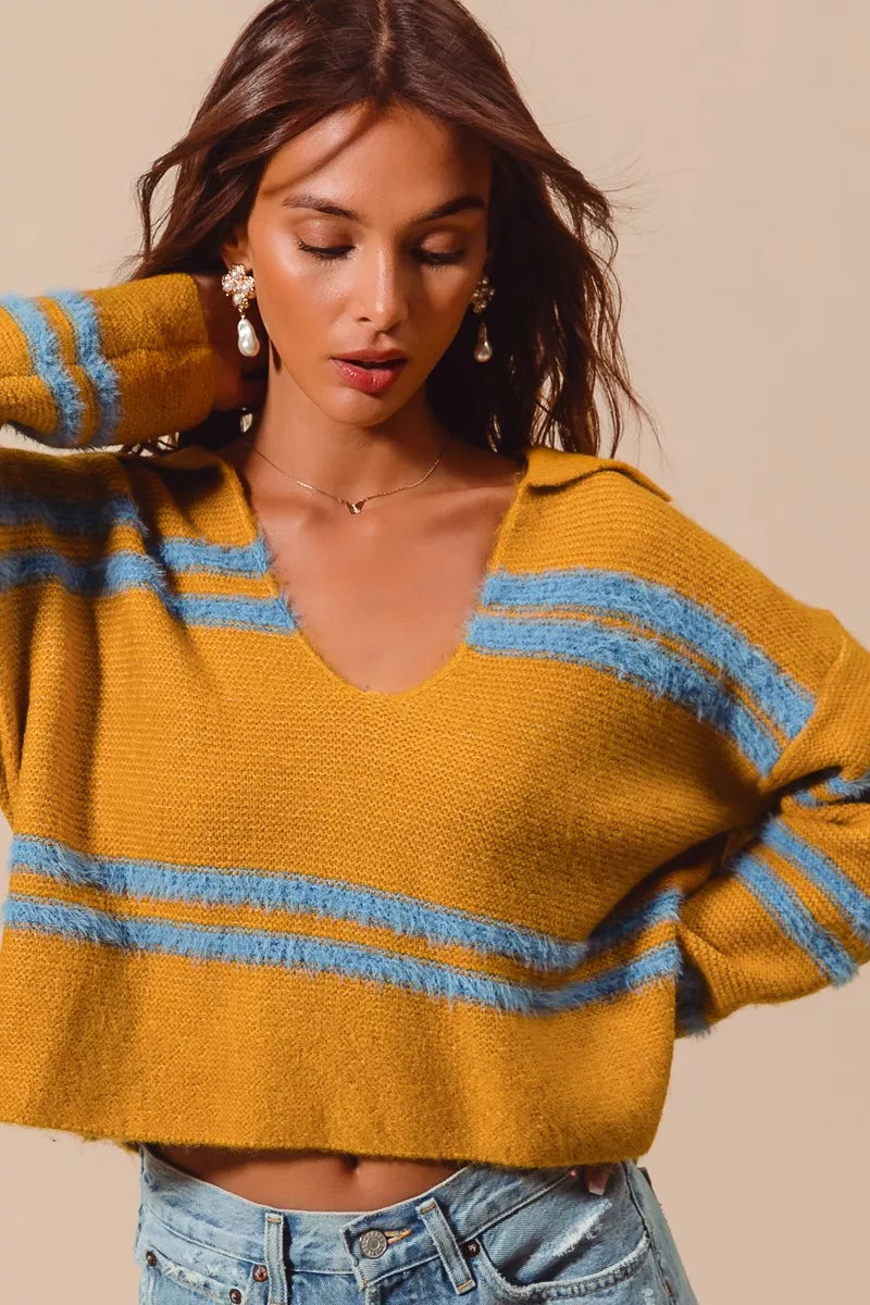 Fuzzy Stripe Deep U Neck Swetaer-Fuzzy hairy stripe deep U-neck sweater. Oversized knit with soft textured stripes and playful neckline—cozy statement piece for chic casual outfits.-Reef Love