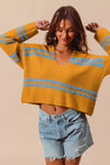 Fuzzy Stripe Deep U Neck Swetaer-Fuzzy hairy stripe deep U-neck sweater. Oversized knit with soft textured stripes and playful neckline—cozy statement piece for chic casual outfits.-Reef Love