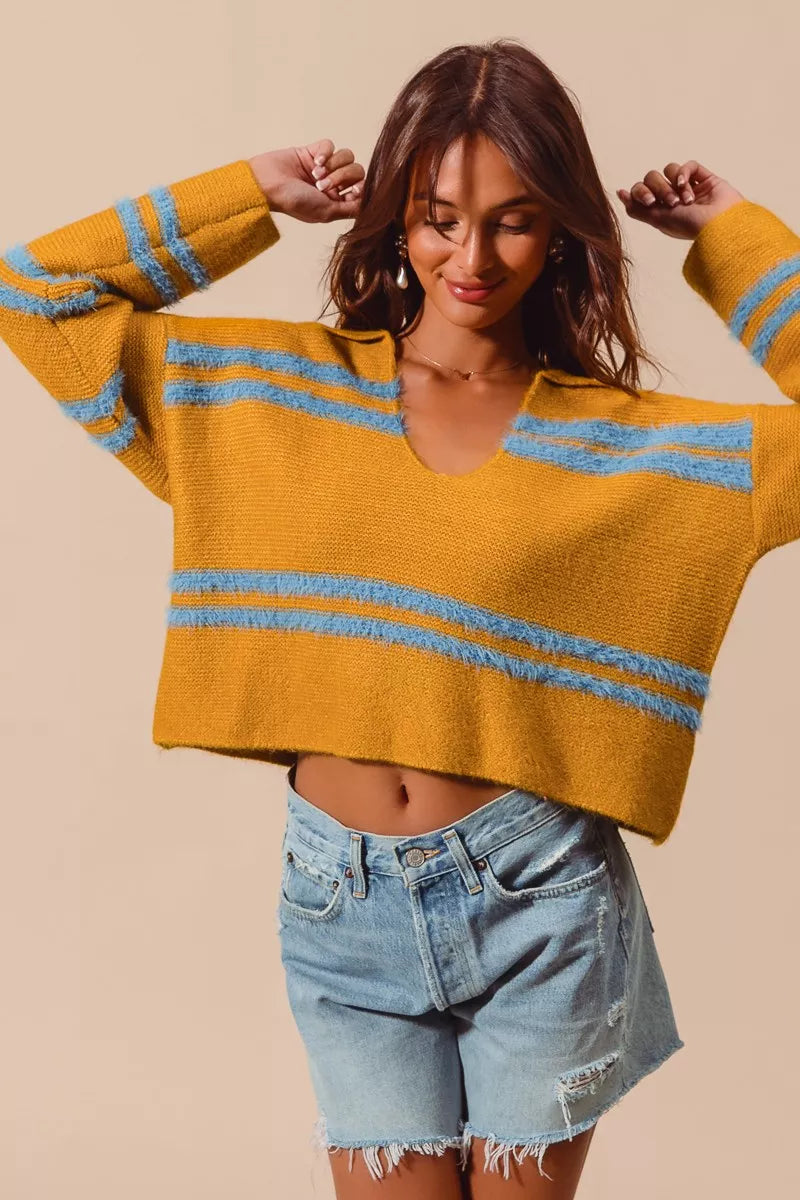 Fuzzy Stripe Deep U Neck Swetaer-Fuzzy hairy stripe deep U-neck sweater. Oversized knit with soft textured stripes and playful neckline—cozy statement piece for chic casual outfits.-Reef Love