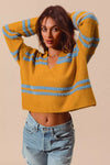 Fuzzy Stripe Deep U Neck Swetaer-Fuzzy hairy stripe deep U-neck sweater. Oversized knit with soft textured stripes and playful neckline—cozy statement piece for chic casual outfits.-Reef Love