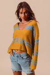 Fuzzy Stripe Deep U Neck Swetaer-Fuzzy hairy stripe deep U-neck sweater. Oversized knit with soft textured stripes and playful neckline—cozy statement piece for chic casual outfits.-Reef Love