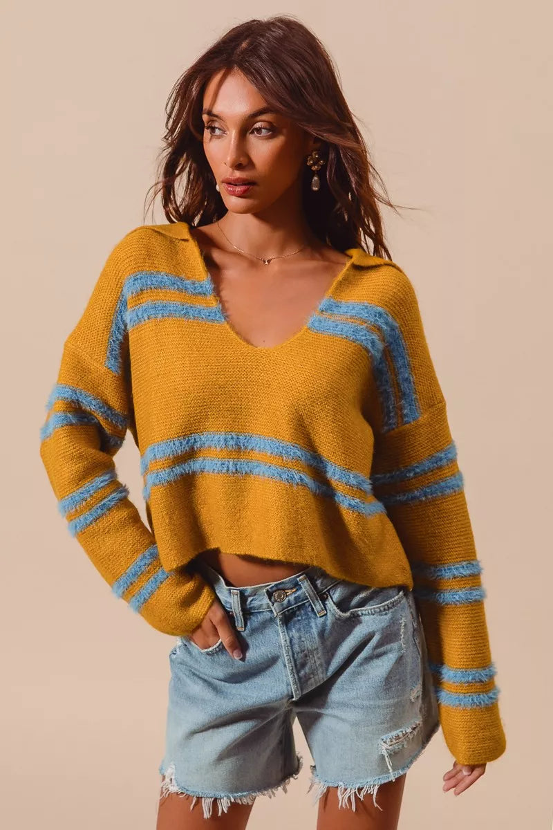 Fuzzy Stripe Deep U Neck Swetaer-Fuzzy hairy stripe deep U-neck sweater. Oversized knit with soft textured stripes and playful neckline—cozy statement piece for chic casual outfits.-Reef Love