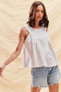 Game Day White Denim Ruched Sleeveless Top