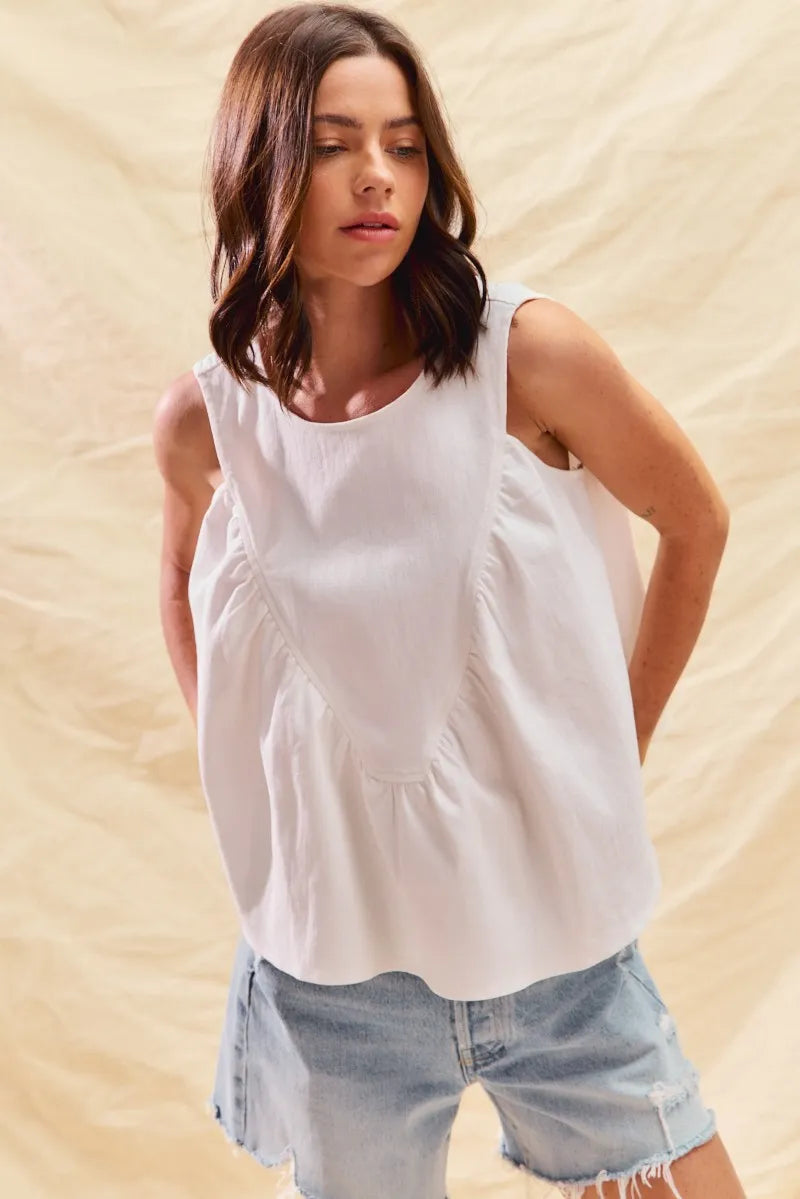Game Day White Denim Ruched Sleeveless Top