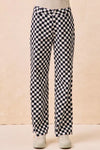 Gameday Theme Black & White Checkered Print Pants-Black & white checkered gameday pants. Relaxed straight-leg fit in breathable cotton. Fun, sporty style perfect for gameday outfits or casual streetwear.