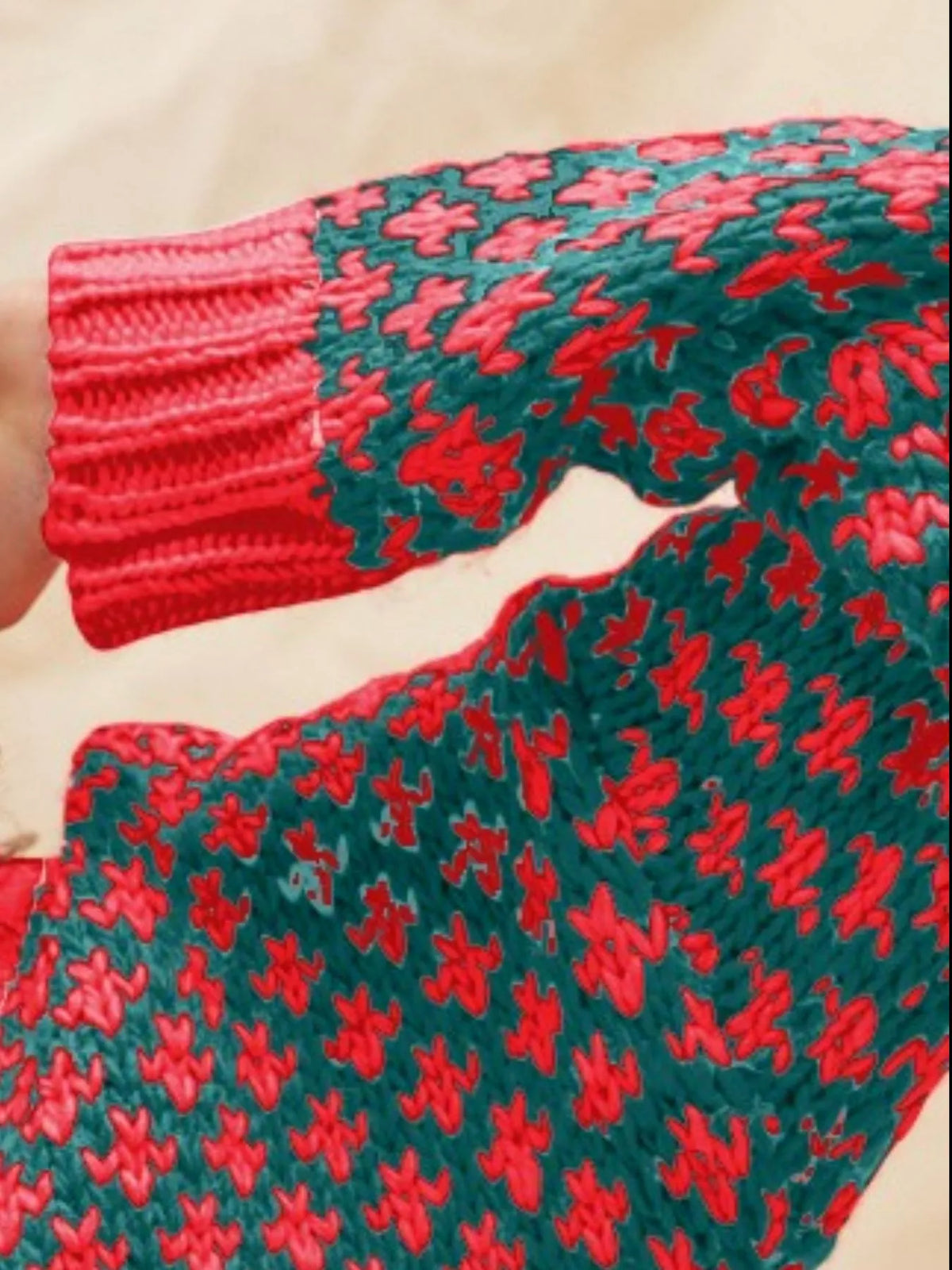 Geo Clover Red + Green Christmas Sweater-Shop the Geo Clover Red + Green Christmas Sweater – festive V-neck with color block holiday design. Cozy, textured knit perfect for casual outings & Christmas parties.