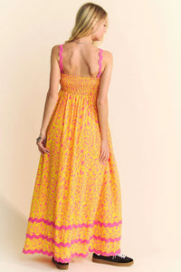 Geo Two Tone Printed Wave Trim Tiered Maxi Dress-Effortlessly elegant, this boho-chic maxi dress features a geometric two-tone print and unique wave trim detailing for a standout summer look. Features: Smocked bodice-Reef Love Boho-Chic Boutique