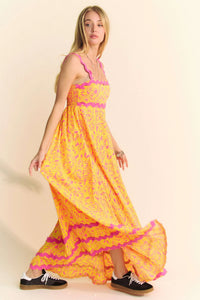 Geo Two Tone Printed Wave Trim Tiered Maxi Dress-Effortlessly elegant, this boho-chic maxi dress features a geometric two-tone print and unique wave trim detailing for a standout summer look. Features: Smocked bodice-Reef Love Boho-Chic Boutique