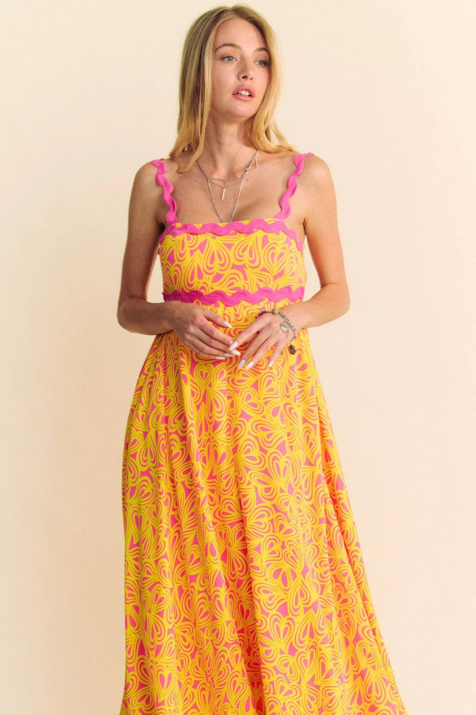 Geo Two Tone Printed Wave Trim Tiered Maxi Dress-Effortlessly elegant, this boho-chic maxi dress features a geometric two-tone print and unique wave trim detailing for a standout summer look. Features: Smocked bodice-Reef Love Boho-Chic Boutique
