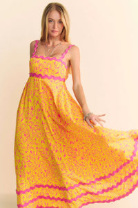 Geo Two Tone Printed Wave Trim Tiered Maxi Dress-Effortlessly elegant, this boho-chic maxi dress features a geometric two-tone print and unique wave trim detailing for a standout summer look. Features: Smocked bodice-Reef Love Boho-Chic Boutique