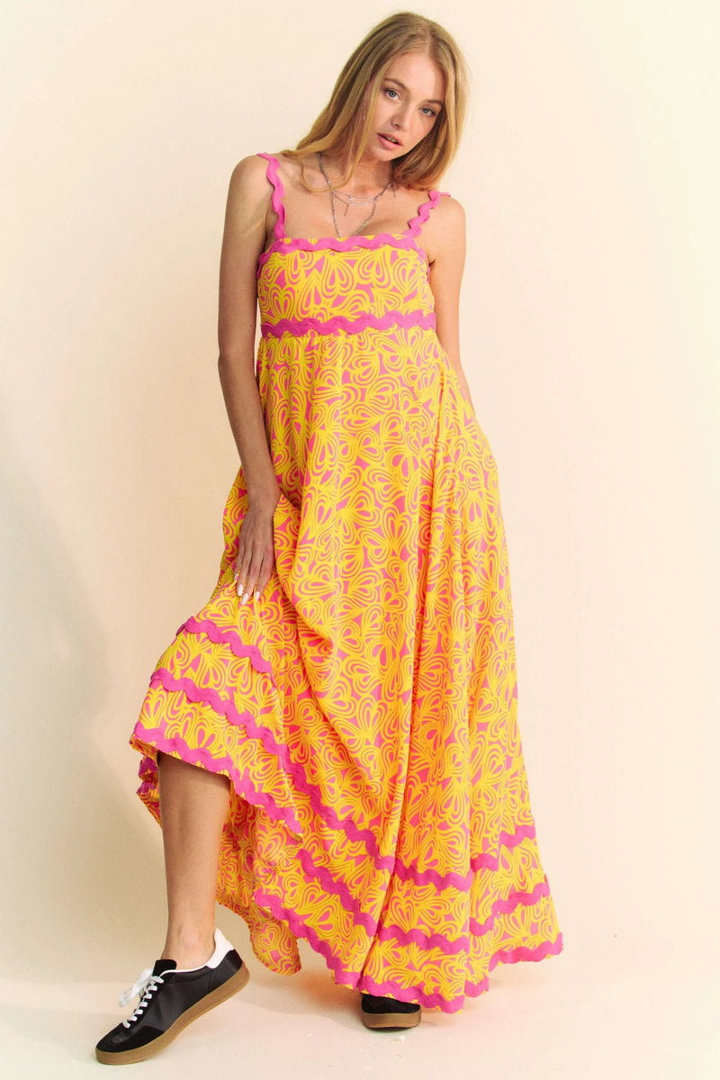 Geo Two Tone Printed Wave Trim Tiered Maxi Dress-Effortlessly elegant, this boho-chic maxi dress features a geometric two-tone print and unique wave trim detailing for a standout summer look. Features: Smocked bodice-Reef Love Boho-Chic Boutique