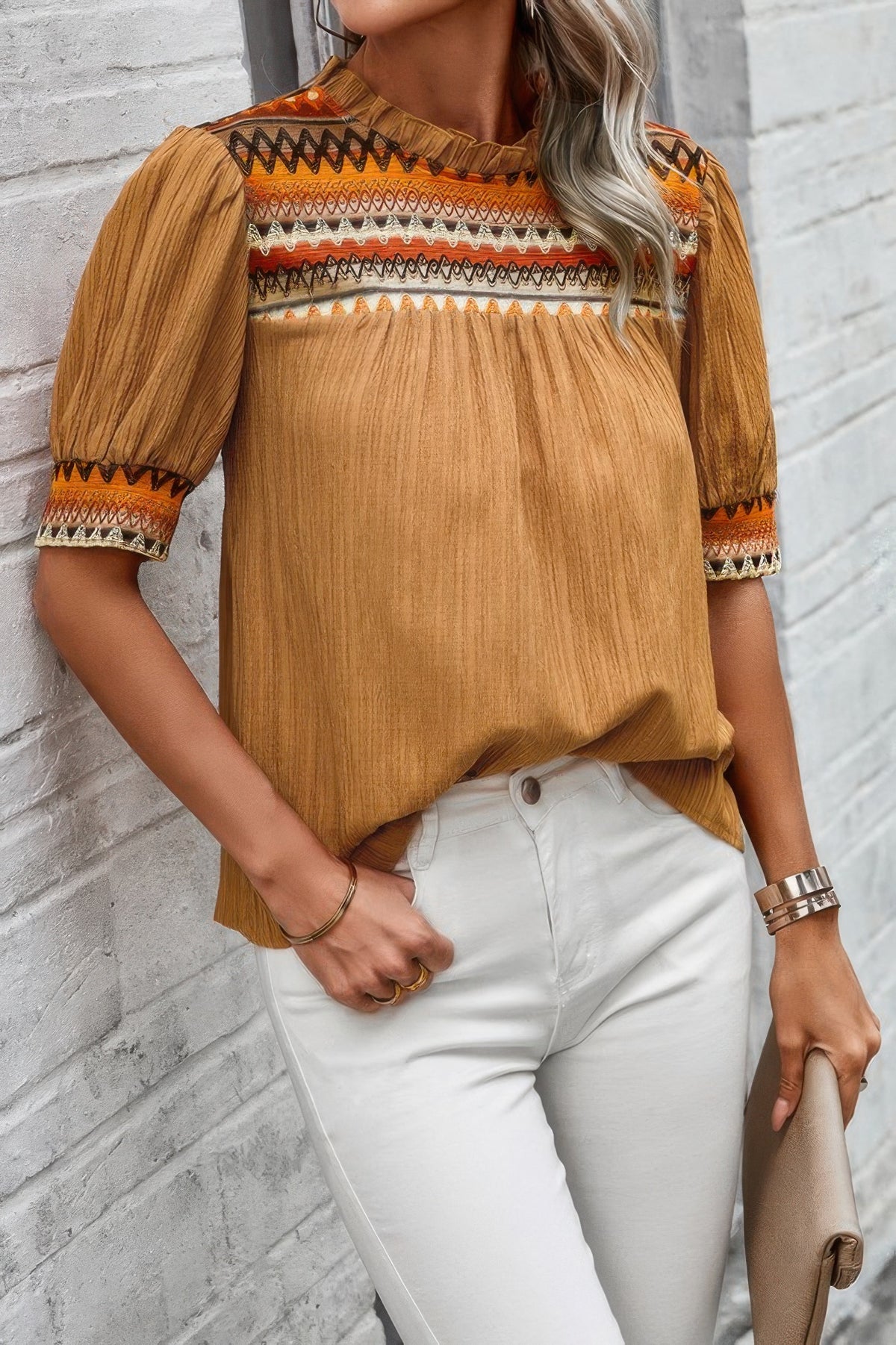 Geometric Print Puff Sleeve Shirt-short sleeve blouse-Reef Love