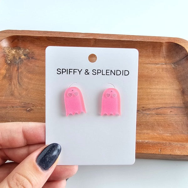 Shop Ghost Studs - Pink Glitter-Pink glitter ghost stud earrings with hypoallergenic posts. Light, sparkly, and spooky-cute—perfect for Halloween or showing off your playful ghost-loving side.-available at Reef Love online boho-chic boutique