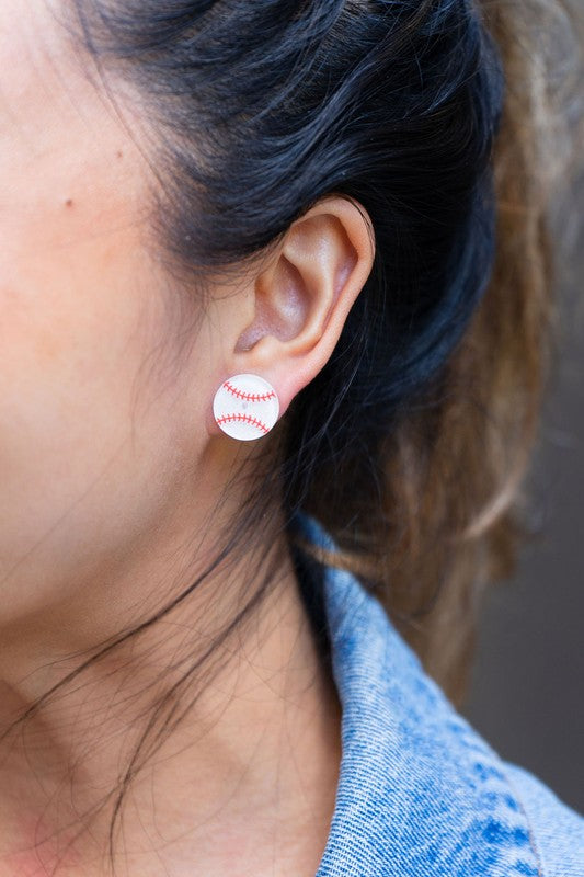 Shop Glitter Baseball Stud Earrings-Sparkly baseball stud earrings with red stitching and hypoallergenic posts. Lightweight and fun—perfect for sporty style, fans, and game day looks.-available at Reef Love online boho-chic boutique