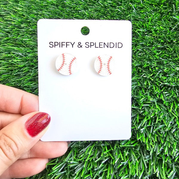 Shop Glitter Baseball Stud Earrings-Sparkly baseball stud earrings with red stitching and hypoallergenic posts. Lightweight and fun—perfect for sporty style, fans, and game day looks.-available at Reef Love online boho-chic boutique