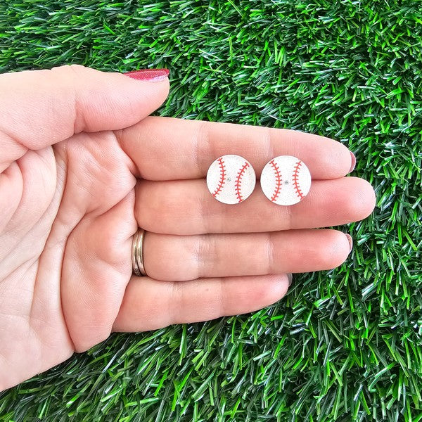 Shop Glitter Baseball Stud Earrings-Sparkly baseball stud earrings with red stitching and hypoallergenic posts. Lightweight and fun—perfect for sporty style, fans, and game day looks.-available at Reef Love online boho-chic boutique