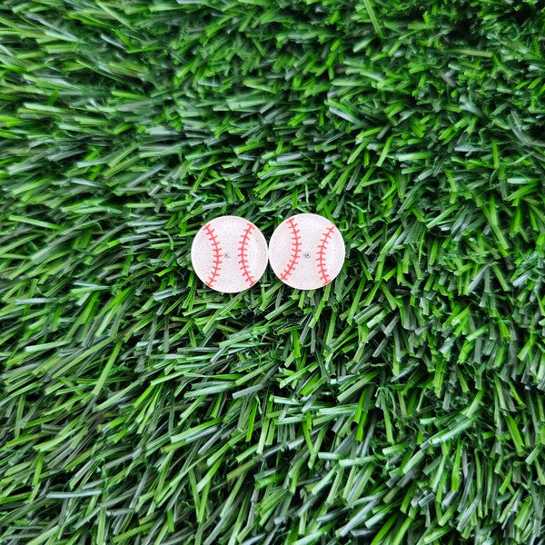 Shop Glitter Baseball Stud Earrings-Sparkly baseball stud earrings with red stitching and hypoallergenic posts. Lightweight and fun—perfect for sporty style, fans, and game day looks.-available at Reef Love online boho-chic boutique