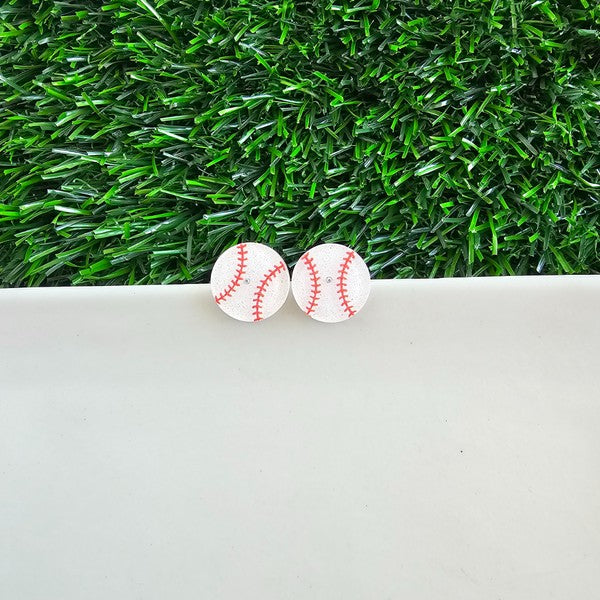 Shop Glitter Baseball Stud Earrings-Sparkly baseball stud earrings with red stitching and hypoallergenic posts. Lightweight and fun—perfect for sporty style, fans, and game day looks.-available at Reef Love online boho-chic boutique