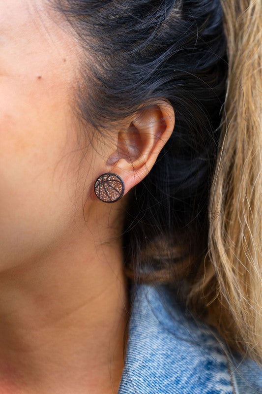 Shop Glitter Basketball Stud Earrings-Glitter basketball stud earrings with hypoallergenic posts. Lightweight and sparkly—perfect for basketball fans, players, or sporty everyday statement looks.-available at Reef Love online boho-chic boutique