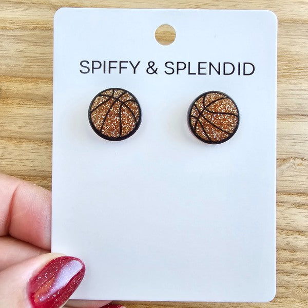 Shop Glitter Basketball Stud Earrings-Glitter basketball stud earrings with hypoallergenic posts. Lightweight and sparkly—perfect for basketball fans, players, or sporty everyday statement looks.-available at Reef Love online boho-chic boutique