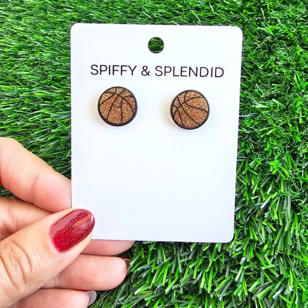 Shop Glitter Basketball Stud Earrings-Glitter basketball stud earrings with hypoallergenic posts. Lightweight and sparkly—perfect for basketball fans, players, or sporty everyday statement looks.-available at Reef Love online boho-chic boutique