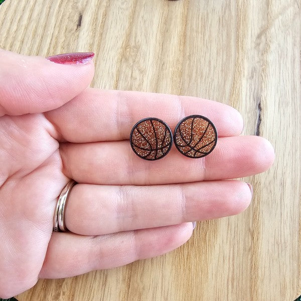 Shop Glitter Basketball Stud Earrings-Glitter basketball stud earrings with hypoallergenic posts. Lightweight and sparkly—perfect for basketball fans, players, or sporty everyday statement looks.-available at Reef Love online boho-chic boutique