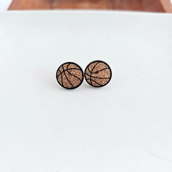 Shop Glitter Basketball Stud Earrings-Glitter basketball stud earrings with hypoallergenic posts. Lightweight and sparkly—perfect for basketball fans, players, or sporty everyday statement looks.-available at Reef Love online boho-chic boutique