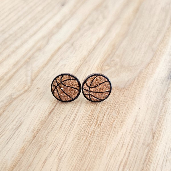Shop Glitter Basketball Stud Earrings-Glitter basketball stud earrings with hypoallergenic posts. Lightweight and sparkly—perfect for basketball fans, players, or sporty everyday statement looks.-available at Reef Love online boho-chic boutique