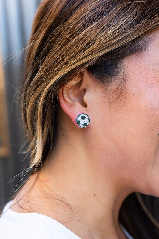 Shop Glitter Soccer Stud Earrings-Sparkly soccer ball stud earrings with glitter acrylic and hypoallergenic posts. Lightweight, fun, and perfect for game day or everyday sporty style.-available at Reef Love online boho-chic boutique