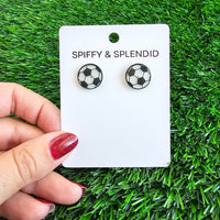 Shop Glitter Soccer Stud Earrings-Sparkly soccer ball stud earrings with glitter acrylic and hypoallergenic posts. Lightweight, fun, and perfect for game day or everyday sporty style.-available at Reef Love online boho-chic boutique