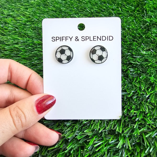 Shop Glitter Soccer Stud Earrings-Sparkly soccer ball stud earrings with glitter acrylic and hypoallergenic posts. Lightweight, fun, and perfect for game day or everyday sporty style.-available at Reef Love online boho-chic boutique