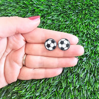 Shop Glitter Soccer Stud Earrings-Sparkly soccer ball stud earrings with glitter acrylic and hypoallergenic posts. Lightweight, fun, and perfect for game day or everyday sporty style.-available at Reef Love online boho-chic boutique